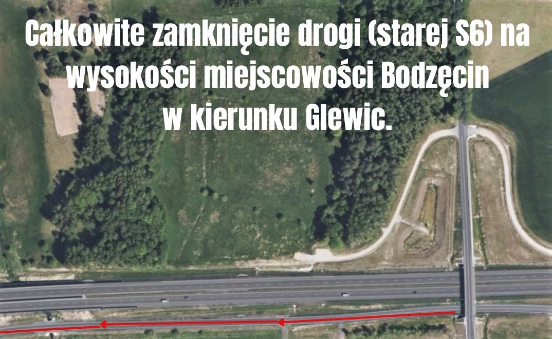 Zdjęcie przedstawiające zamknięcie drogi w wyskości miejscowości Bodzęcin w kierunku Glewic od 14 do 15 czerwca 2023 roku -