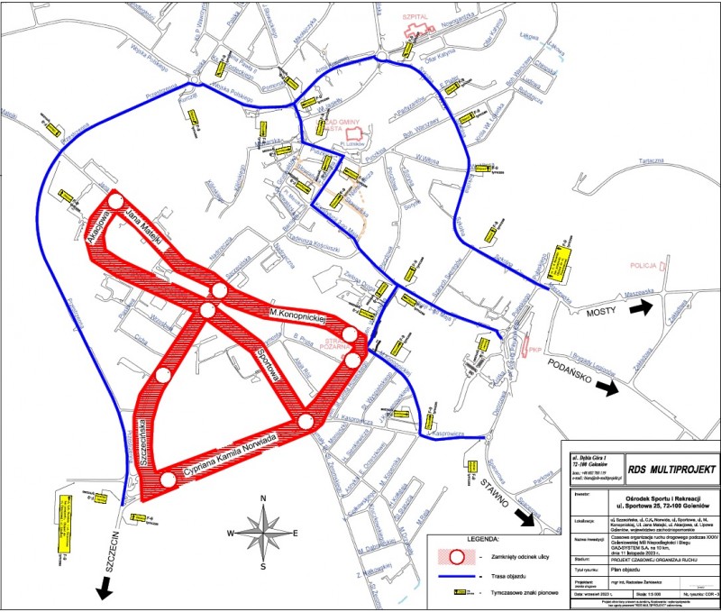 Plan objazdu podczas XXXV Goleniowskiej Mili Niepodległości i Biegu GAZ-SYSTEM S.A. na 10 km, dnia 11 listopada 2023 r. - 