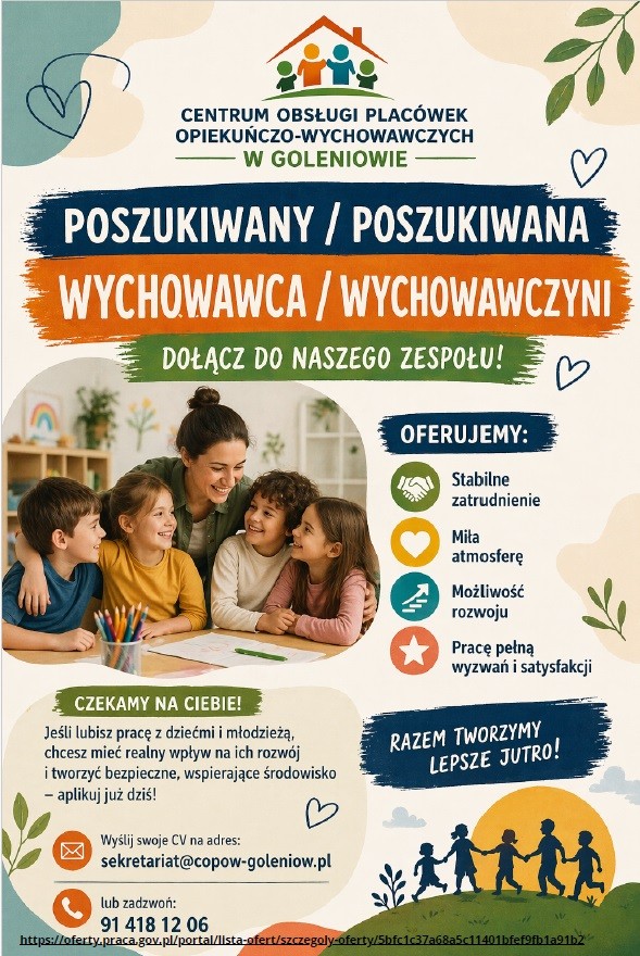 Rekrutacja w Centrum Obsługi Placówek opiekuńczo-wychowawczych w Goleniowie