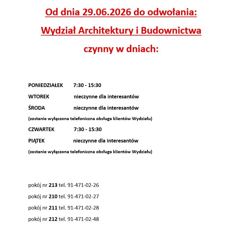 Nowa organizacja pracy w Wydziale Architektury i Budownictwa