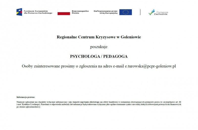 Regionalne Centrum Kryzysowe w Goleniowie poszukuje Psychologa / Pedagoga