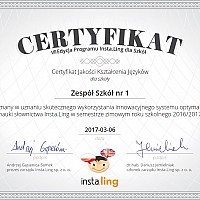 Certyfikat dla Zespołu Szkół nr 1 w Goleniowie w VII edycji programu INSTALIG dla szkół