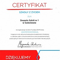„SZKOŁA Z ŻYCIEM” CERTYFIKAT DLA ZESPOŁU SZKÓŁ NR 1 W GOLENIOWIE