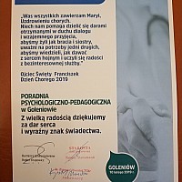 Obchody Światowego Dnia Chorego podziękowania dla Poradnii Psychologiczno-Pedagogicznej w Goleniowie