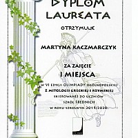 Sukces uczennicy z Zespołu Szkół nr 1 w Goleniowie w VI edycji Olimpiady Ogólnopolskiej z Mitologii Greckiej i Rzymskiej