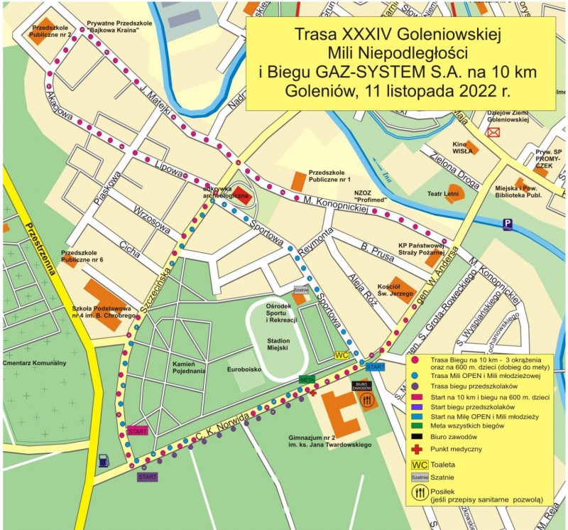 Trasa XXXIV Goleniowskiej Mili Niepodległości i Biegu Gaz-System S.A. na 10 km Goleniów, 11 listopada 2022 r. -